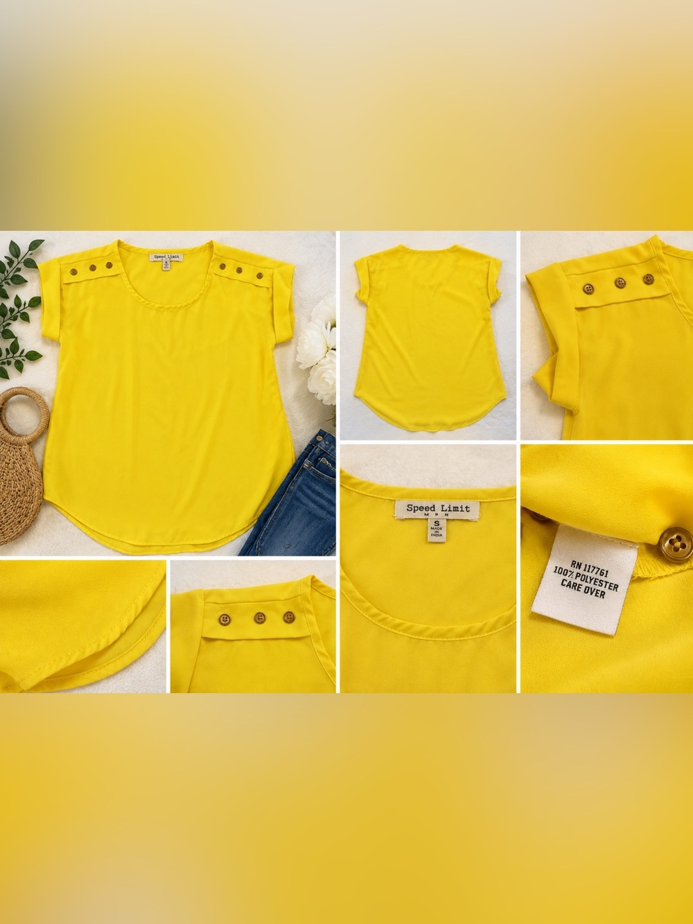 Speed Limit Bright Yellow Blouse Size Small Gold Button Shoulder Lightweight Top